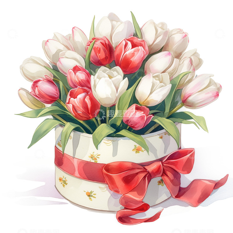 高清大图下载【趣麦麦图】红色丝带礼盒郁金香