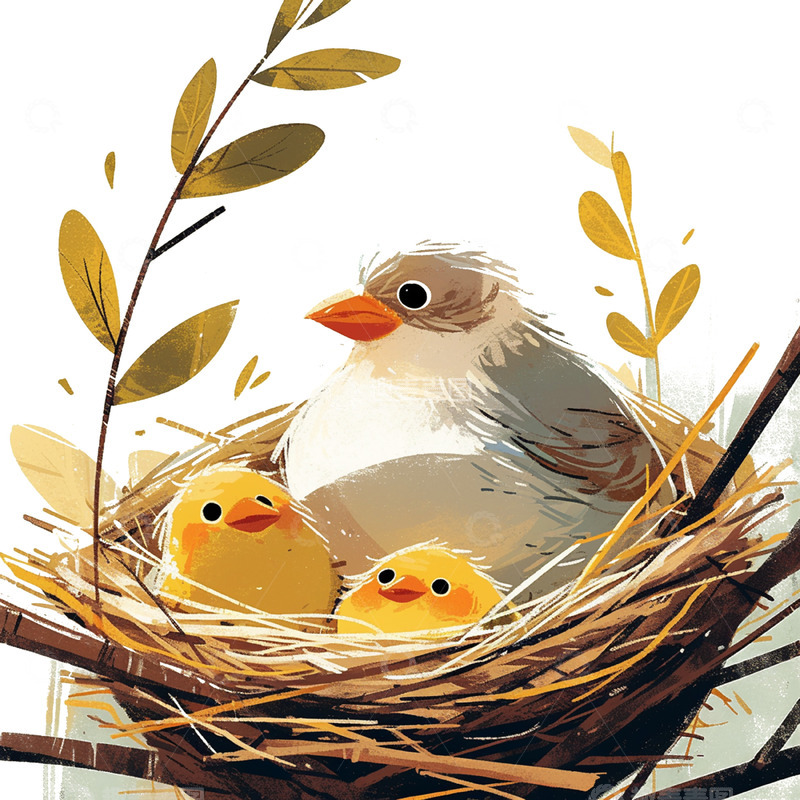 高清大图下载【趣麦麦图】卡通鸟窝小鸟