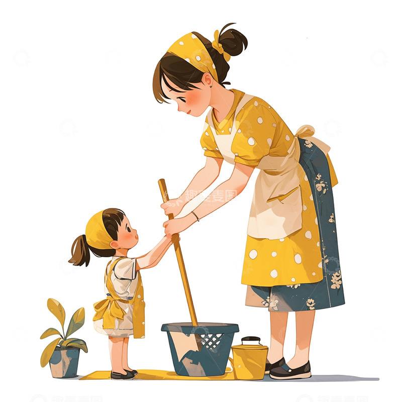 高清大图下载【趣麦麦图】一起做家务的母女