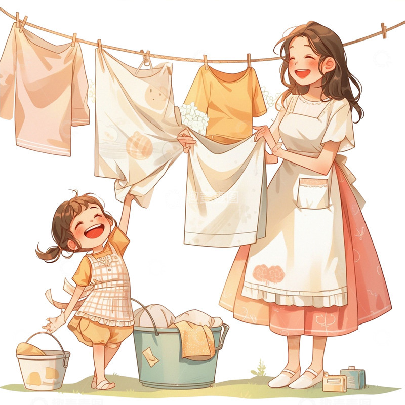 高清大图下载【趣麦麦图】母亲节母女一起晾衣服