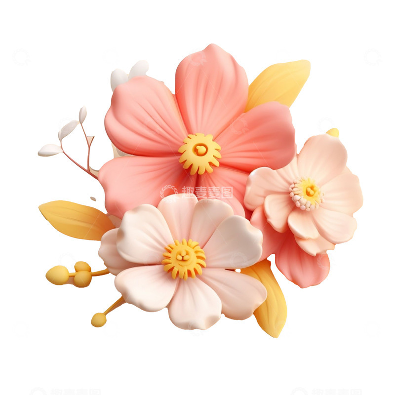 高清大图下载【趣麦麦图】立体花朵粉色黄色叶子