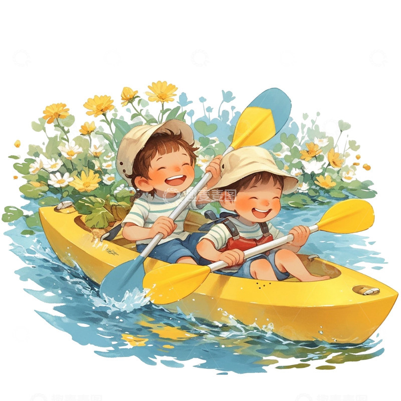 高清大图下载【趣麦麦图】漂流黄色皮艇儿童