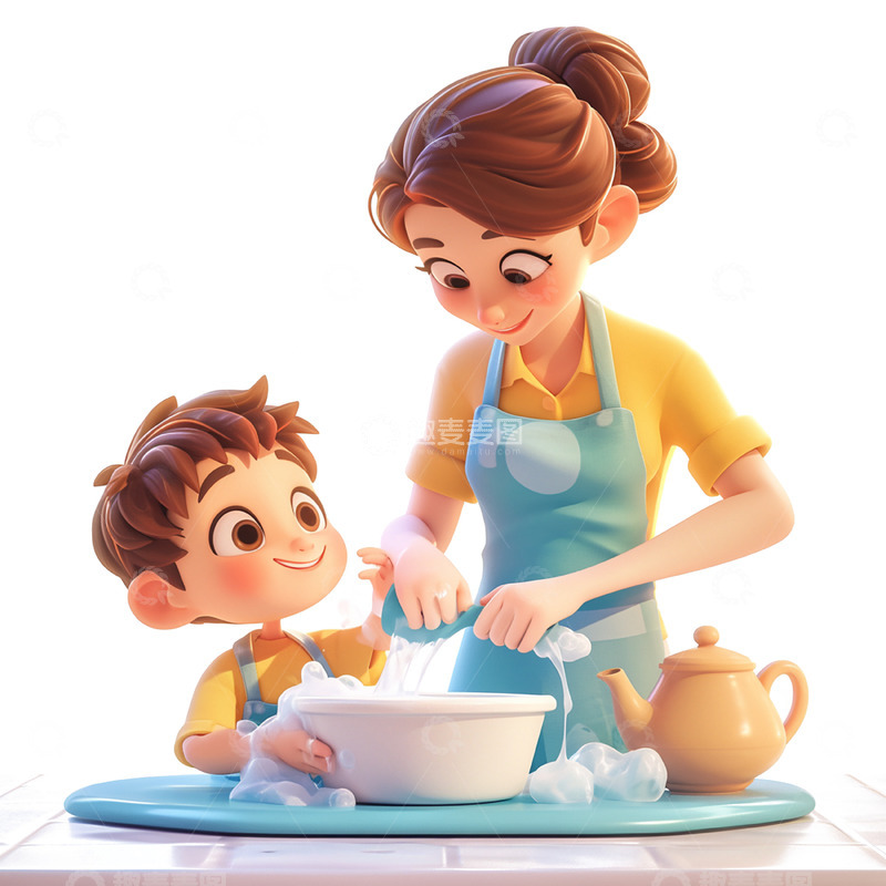 高清大图下载【趣麦麦图】母亲节帮妈妈做家务男孩