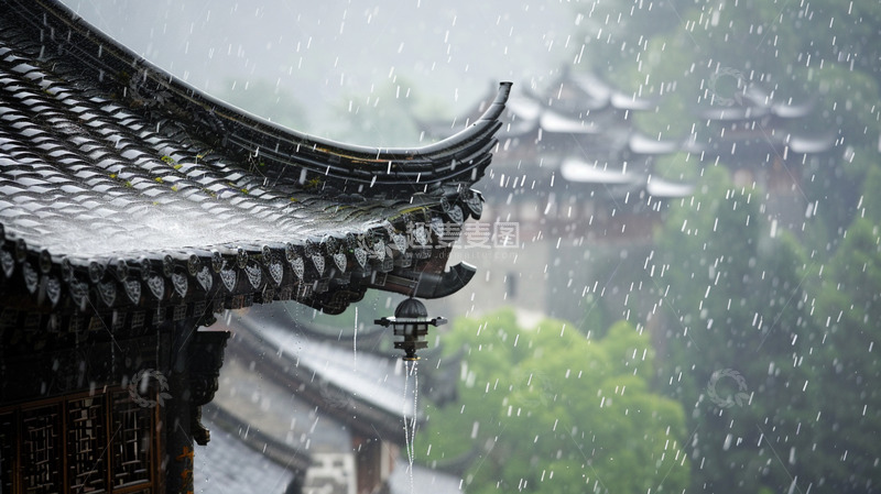 高清大图下载【趣麦麦图】下雨天的中式建筑