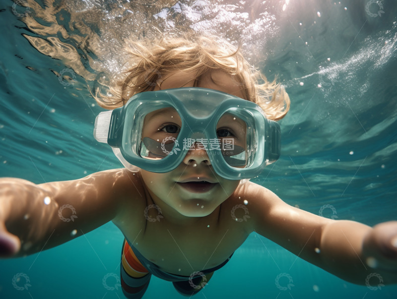 高清大图下载【趣麦麦图】带蓝色泳镜游泳的男孩