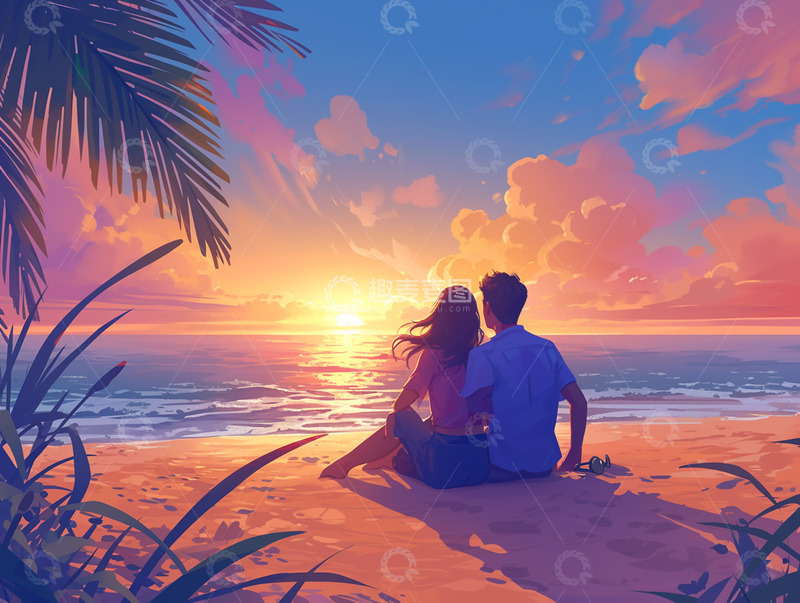 高清大图下载【趣麦麦图】沙滩夕阳情侣