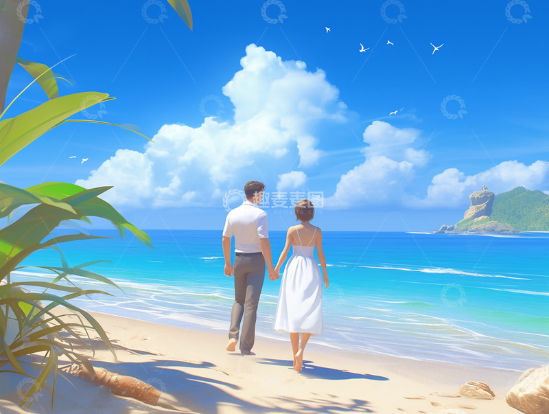 高清大图下载【趣麦麦图】七夕情侣海边牵手散步