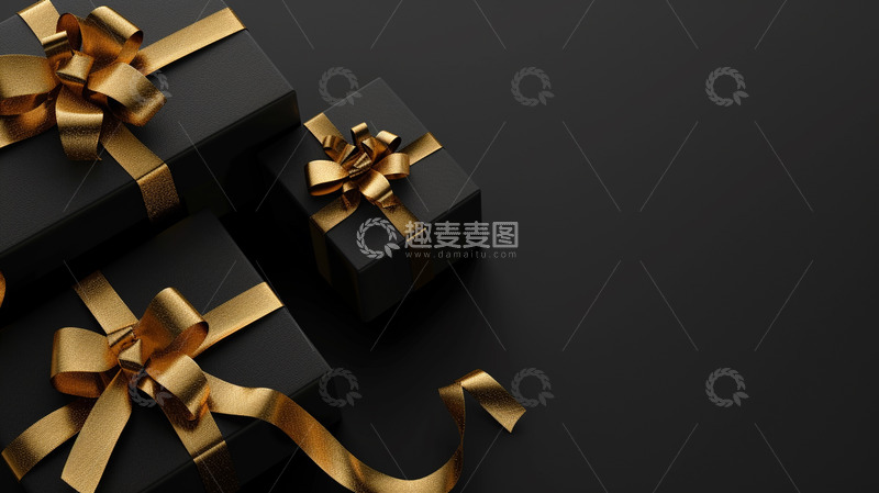 高清大图下载【趣麦麦图】金色质感蝴蝶结礼盒黑色背景