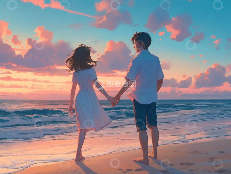 高清大图下载【趣麦麦图】夕阳海边牵着手的情侣
