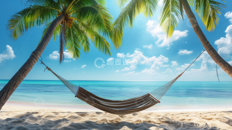 高清大图下载【趣麦麦图】沙滩海边躺椅蓝天白云