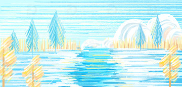 冬季旅游铅笔涂鸦树林小河手绘插画