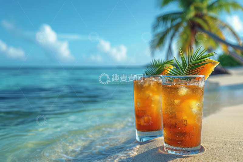 高清大图下载【趣麦麦图】沙滩上的柠檬茶