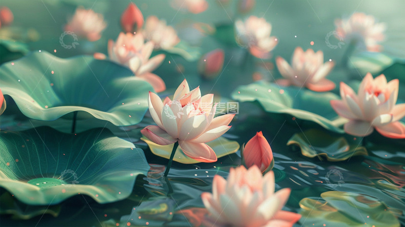 高清大图下载【趣麦麦图】荷花荷叶中国风荷塘场景