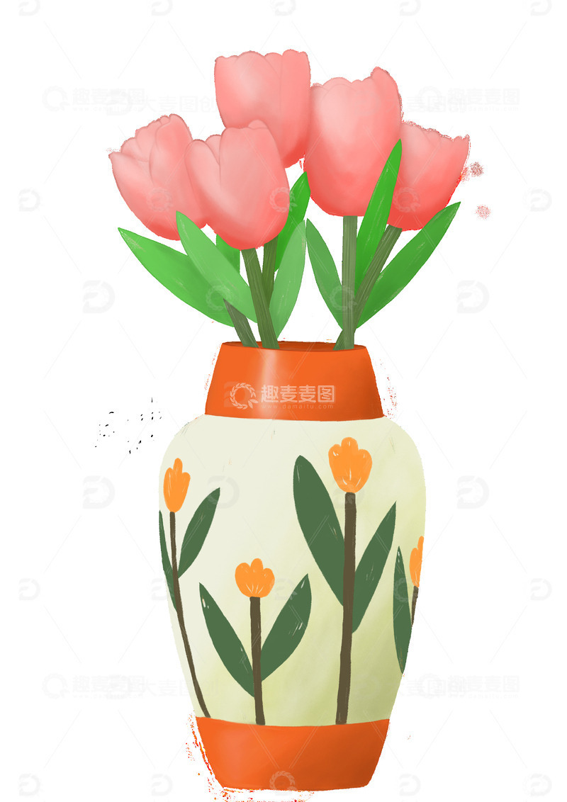 源文件下载【趣麦麦图】粉色玫瑰白色花瓶