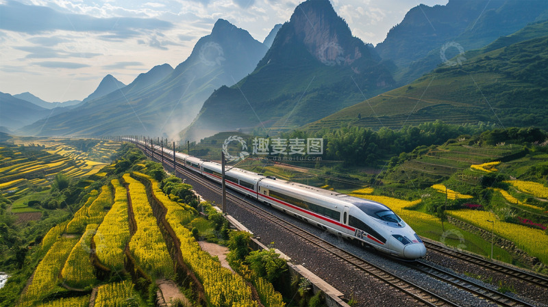 高清大图下载【趣麦麦图】高铁动车山峰铁路铁轨风景