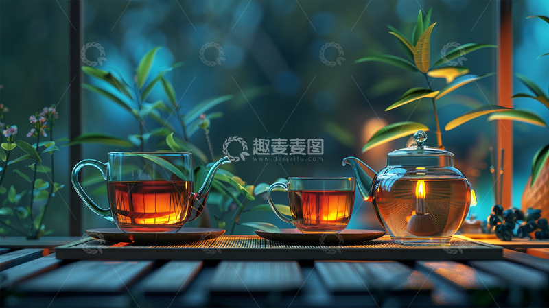 高清大图下载【趣麦麦图】玻璃茶具茶杯茶壶植物场景