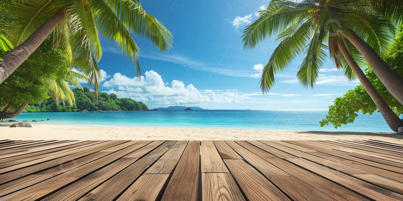 高清大图下载【趣麦麦图】夏日海滩蓝天白云海报背景