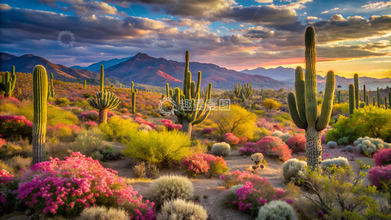 高清大图下载【趣麦麦图】墨西哥沙漠仙人掌天空夕阳落日自然风光