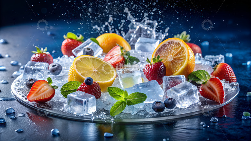 高清大图下载【趣麦麦图】冰块水果柠檬草莓蓝莓夏天蓝色调