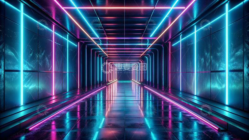 高清大图下载【趣麦麦图】蓝色科技科幻透视场景对称灯光走廊通道