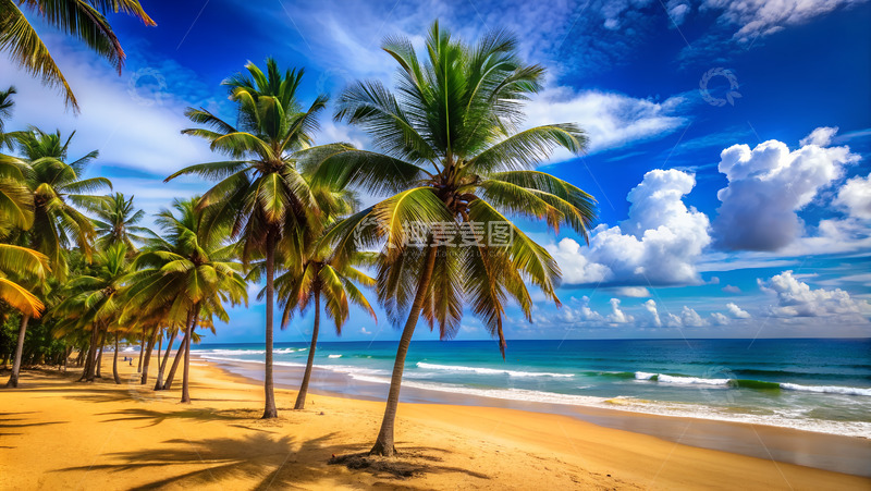 高清大图下载【趣麦麦图】夏天沙滩海洋椰子树蓝天自然海滩
