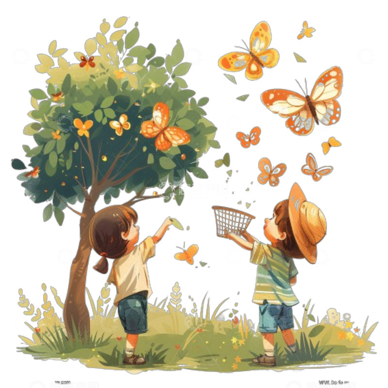 高清大图下载【趣麦麦图】草坪上抓蝴蝶小朋友