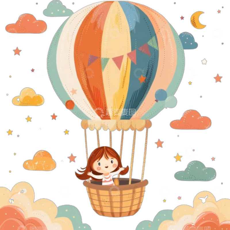 高清大图下载【趣麦麦图】彩色热气球卡通女孩