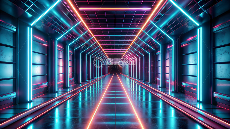 高清大图下载【趣麦麦图】蓝色红色科技科幻透视场景对称灯光赛博朋克