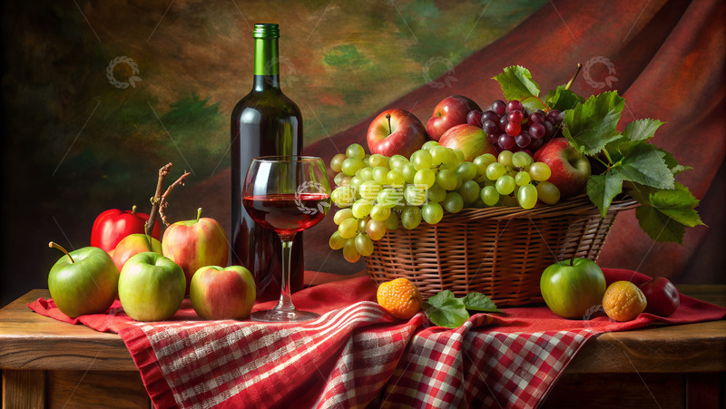 高清大图下载【趣麦麦图】葡萄酒水果葡萄红色背景油画桌布