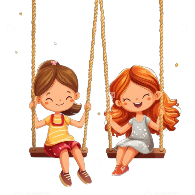 高清大图下载【趣麦麦图】儿童节荡秋千的两个女孩