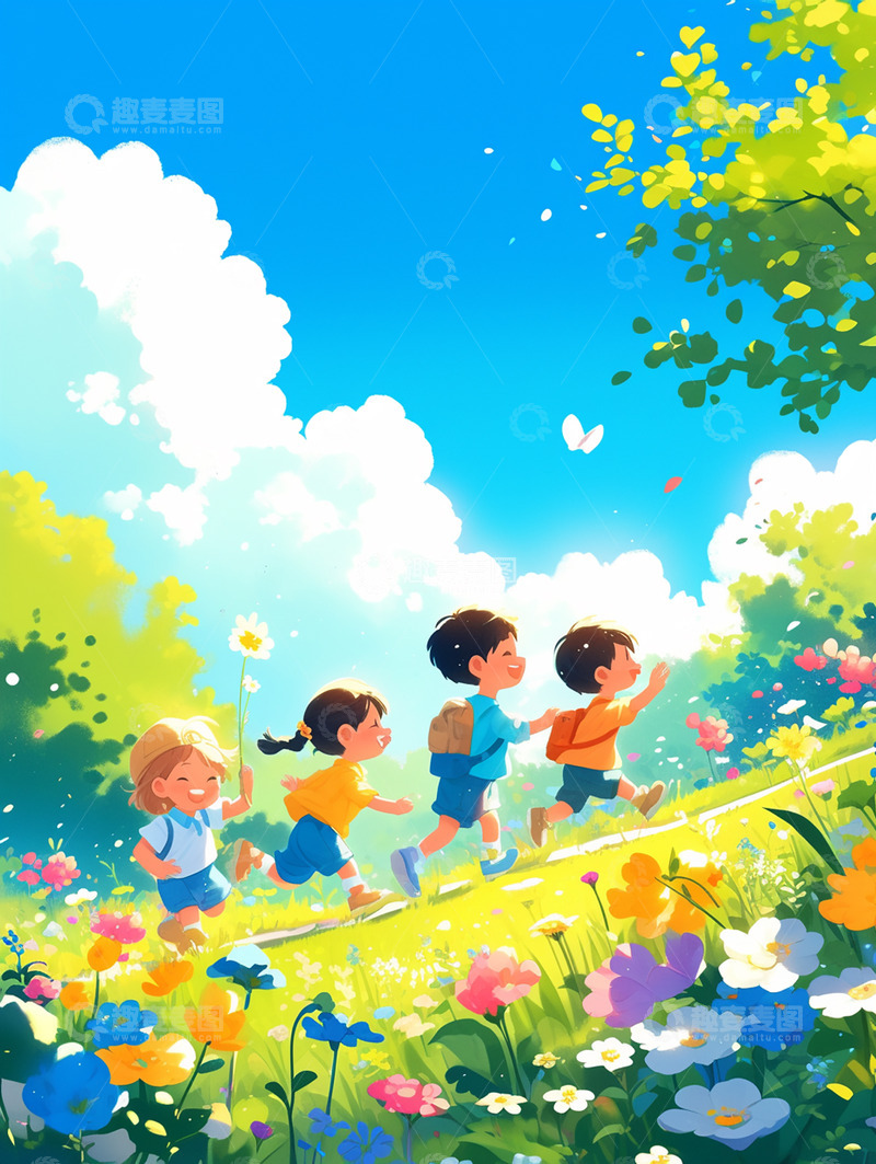 高清大图下载【趣麦麦图】儿童节户外玩耍小朋友