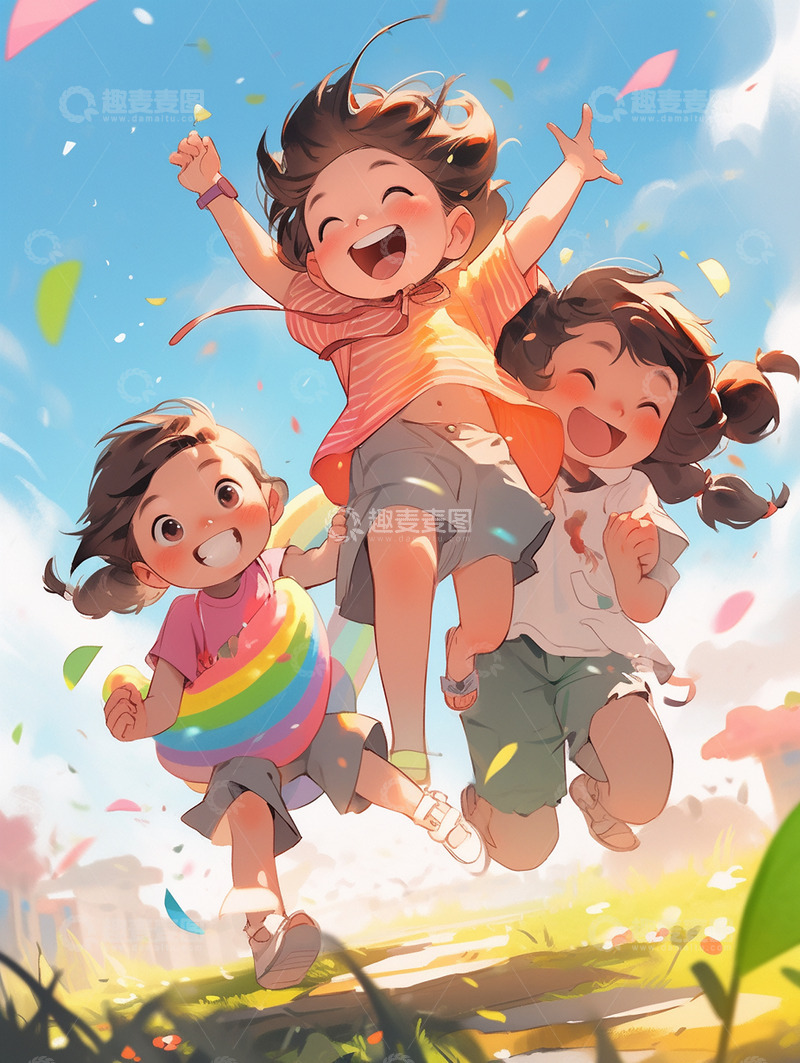 高清大图下载【趣麦麦图】儿童节草坪玩耍跳跃女孩