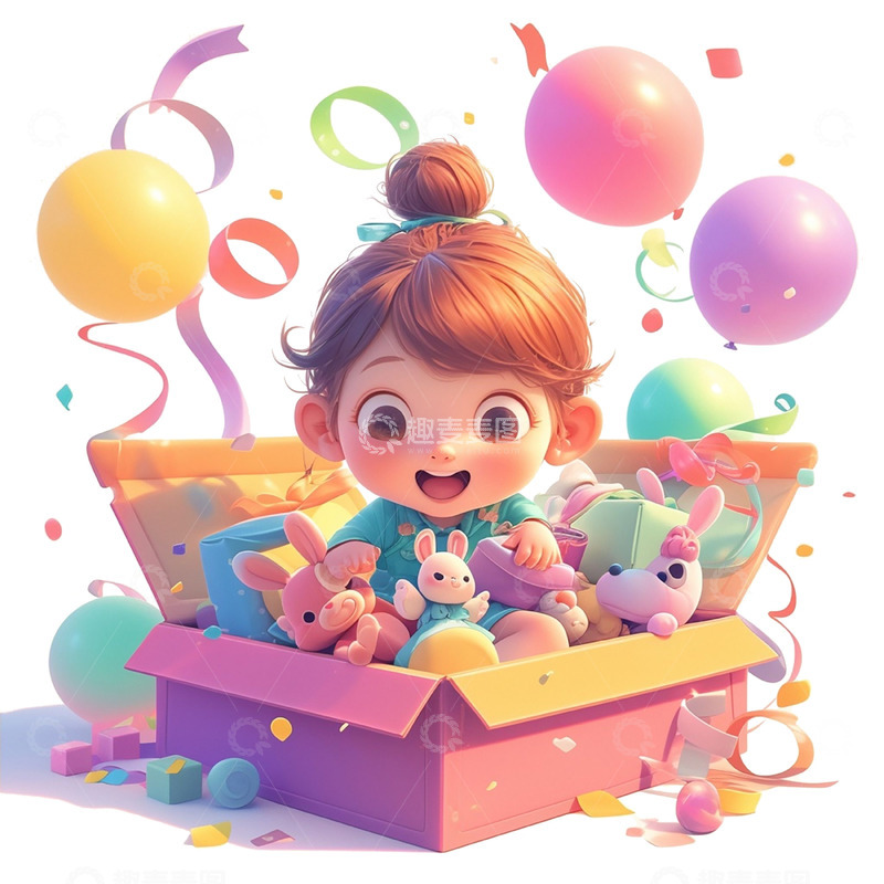 高清大图下载【趣麦麦图】儿童节惊喜拆礼物的女孩
