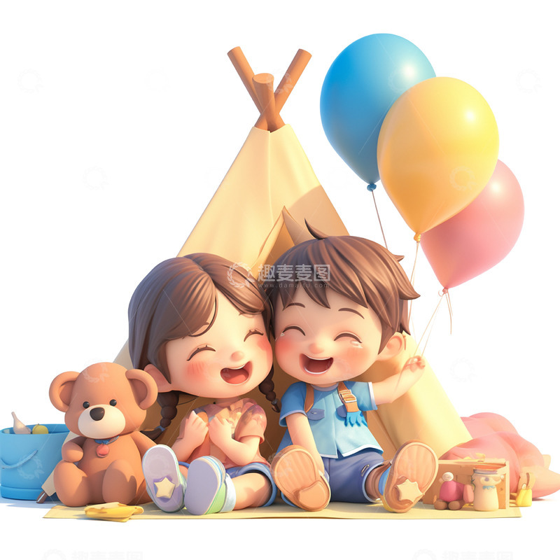 高清大图下载【趣麦麦图】坐在帐篷前玩耍的两个小孩