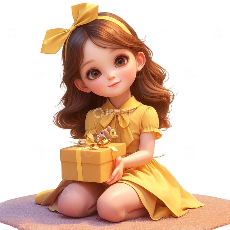 高清大图下载【趣麦麦图】穿黄裙子拿礼物的女孩