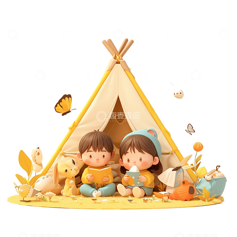 高清大图下载【趣麦麦图】黄色帐篷前的两个看书儿童