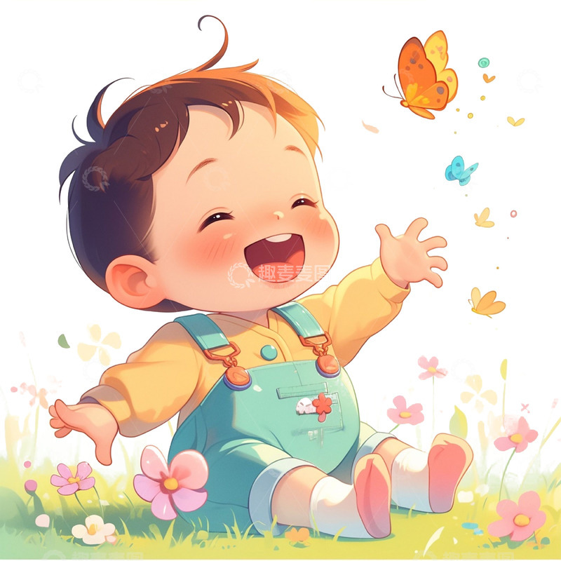 高清大图下载【趣麦麦图】坐在草坪上抓蝴蝶的男孩