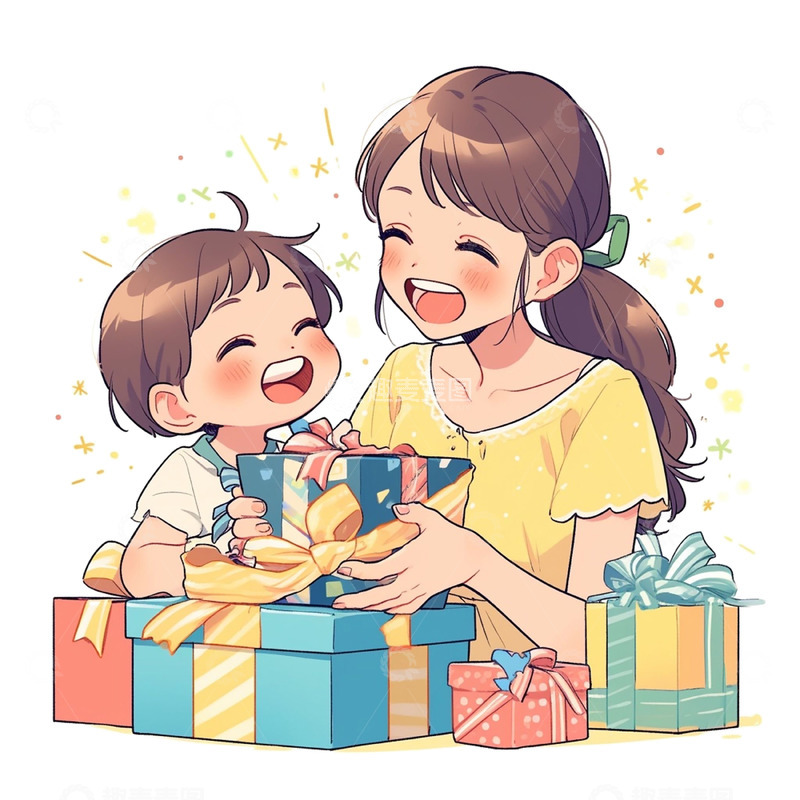 高清大图下载【趣麦麦图】儿童节拆礼物的母子