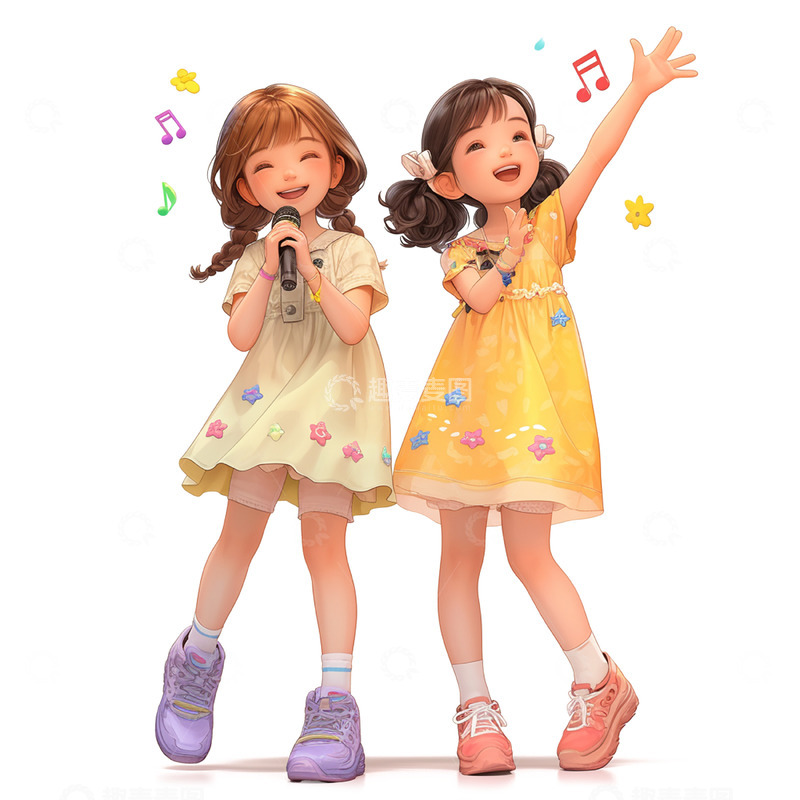 高清大图下载【趣麦麦图】儿童节唱歌的两个女孩
