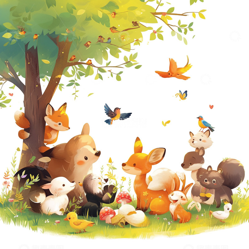 高清大图下载【趣麦麦图】森林里开会的卡通小动物