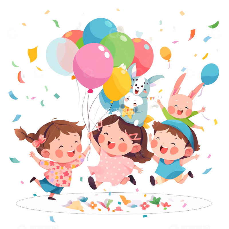 高清大图下载【趣麦麦图】拿着气球玩耍的三个小孩