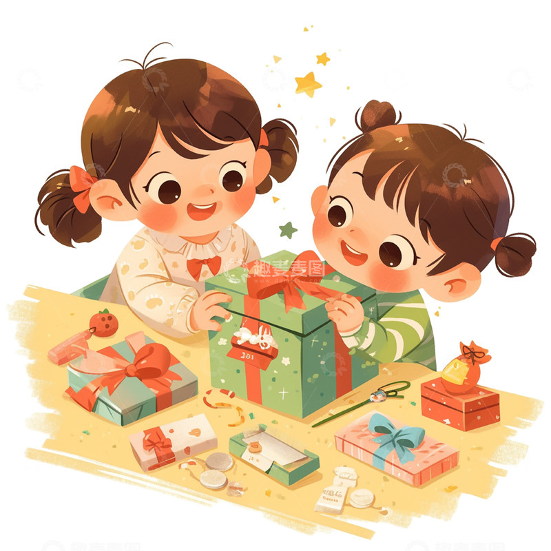 高清大图下载【趣麦麦图】儿童节两个拆礼物的女孩