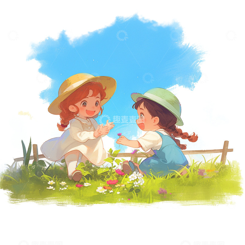 高清大图下载【趣麦麦图】草坪上两个戴帽子的女孩