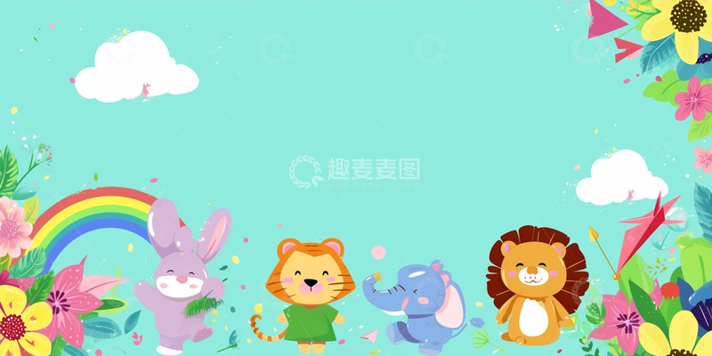 高清大图下载【趣麦麦图】卡通花草动物蓝色背景