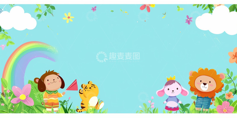 高清大图下载【趣麦麦图】六一儿童节卡通动物花草蓝色背景