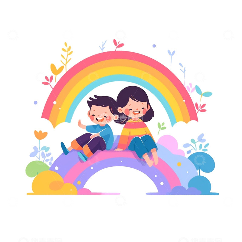 高清大图下载【趣麦麦图】坐在彩虹上的儿童人物