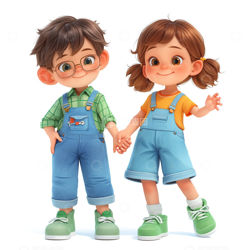 高清大图下载【趣麦麦图】儿童节两个穿背带裤的儿童