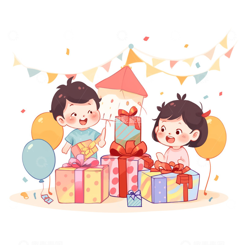 高清大图下载【趣麦麦图】卡通儿童节拆礼物场景