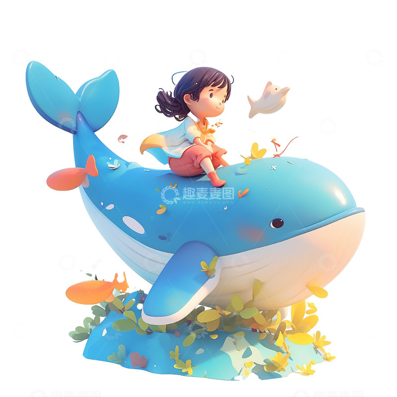 高清大图下载【趣麦麦图】儿童节蓝色鲸鱼女孩人物