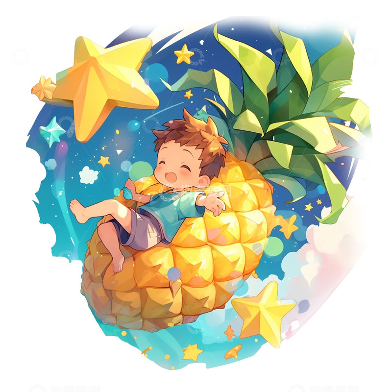 高清大图下载【趣麦麦图】卡通梦幻菠萝上的男孩